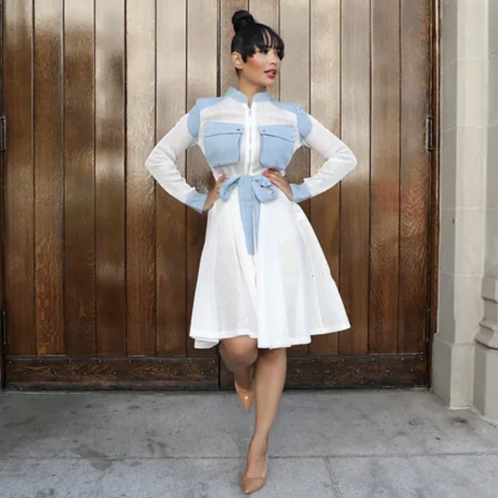 White Mesh Dress with Jean Accents